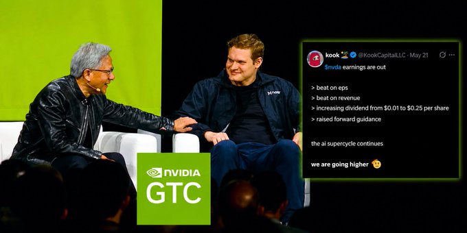 The image features two men sitting next to each other, and a caption that says "NEAR Intents alone has done $33.5M in fees." This caption suggests that one of the men might be an influencer or someone who holds significant influence on social media platforms like Twitter. The caption also states that the post was created in May and was updated today. Furthermore, there is a green banner with white text reading "NvdGTC" next to the image, and another smaller banner below it containing the words "We are going higher than ever". This might be part of an advertisement or promotional material for the social media platform, Google, which could be related to the post about the influencers.