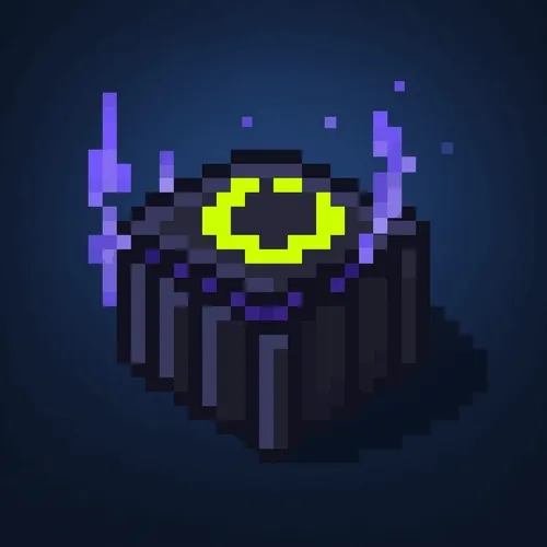 A pixel art illustration of a dark, draped figure wearing a glowing yellow crescent-shaped crown or visor, with purple lightning-like energy crackling on either side against a dark blue background.