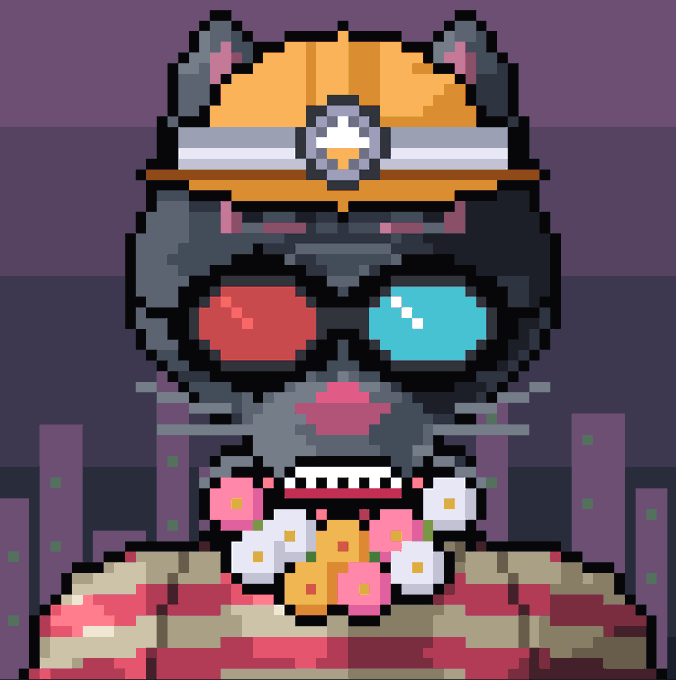 A pixel art portrait of a grey cat wearing a yellow fireman's helmet and a flower lei, with one red eye and one glowing cyan eye.