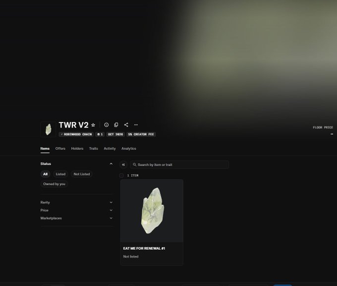 Dark-themed digital interface showing 'TWR V2 on NORTWOODS CHAIN' with an item titled 'EAT ME FOR RENEWAL #1' displayed alongside filters for status, rarity, and price.