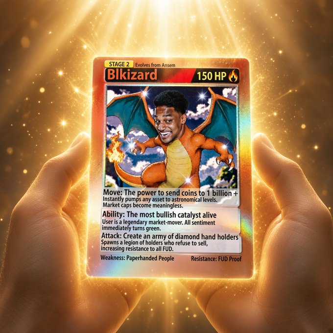 A Pokémon-style trading card featuring a Charizard-like creature named 'Bkizard' with 150 HP, referencing a legendary market-mover user with diamond hands and FUD resistance.