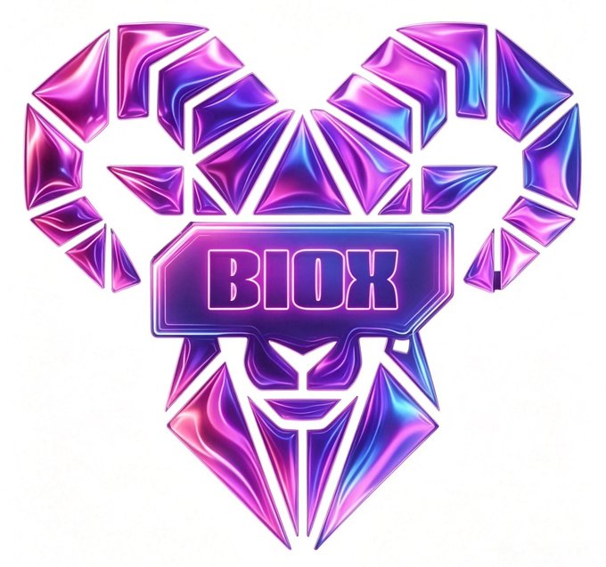 A glossy purple and pink chrome-style emblem features the text "BIOX" on a visor-like badge, framed by segmented, crystalline shapes forming a heart-like or winged silhouette. The metallic, futuristic design visually reinforces the post's message of BIOX as a sleek, connected Web3 ecosystem hub uniting AI, RWAs, and DeFi.