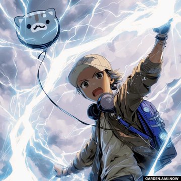 An anime-style illustration of a young person wearing a cap and headphones, reaching upward amid lightning while holding a cat-shaped balloon, credited to GARDEN ASIA NOW.