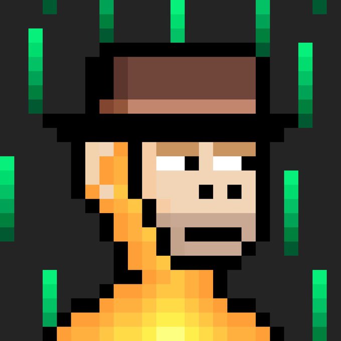 A pixel art image of a character with a brown hat and orange scarf against a dark background with green vertical lines.