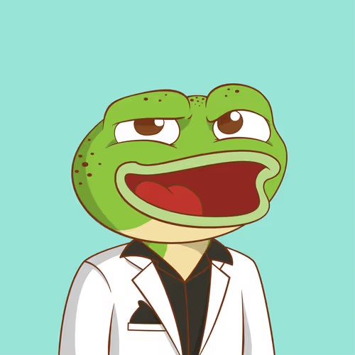 A cartoon image of Pepe the Frog wearing a white lab coat over a black shirt against a light teal background.