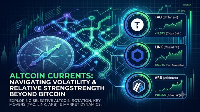 A digital graphic titled 'ALTCOIN CURRENTS: NAVIGATING VOLATILITY & RELATIVE STRENGTH BEYOND BITCOIN', highlighting TAO (BitTensor) with +17.07% 7-day gain, LINK (Chainlink) with +20.71% 7-day appreciation, and ARB (Arbitrum) with +98.65% 7-day surge.