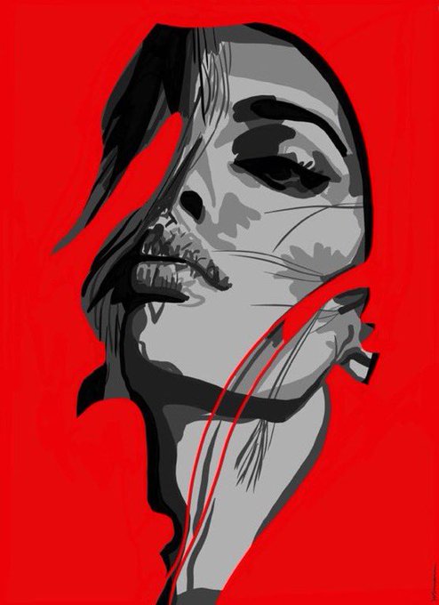 A stylized grayscale digital illustration depicts a side profile of a face with exposed teeth and an intense eye, set against a vibrant red background with red curved lines crossing the neck.