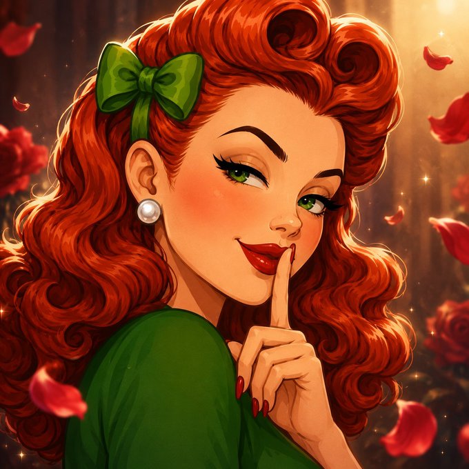A digital illustration of a woman with vibrant red curly hair, a green bow, green eyes, and red lipstick holding a finger to her lips in a 'shh' gesture, surrounded by falling rose petals.