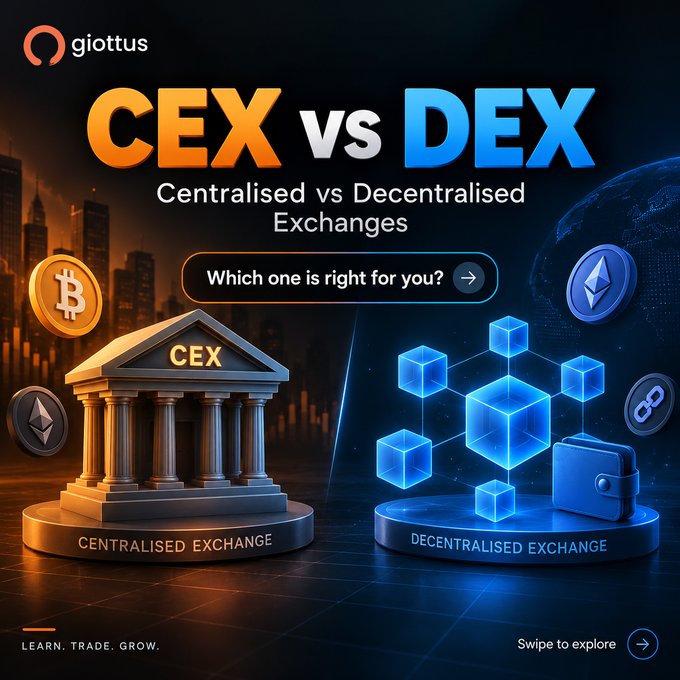 A digital graphic by 'giottus' titled 'CEX vs DEX: Centralised vs Decentralised Exchanges', contrasting a classical building representing a centralised exchange with blue interconnected cubes representing a decentralised one.