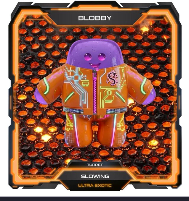 The image features a purple robot with an orange suit, standing out against a black background. The robot has a friendly smile and appears to be wearing neon-colored clothes that make it stand out. The text "Blobby" is written on the robot in white letters.