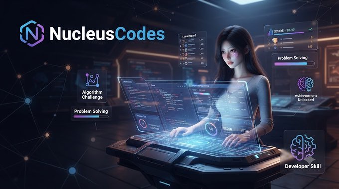 A digital art graphic for 'NucleusCodes' showing an anime-style woman coding at a futuristic holographic workstation, surrounded by labels like 'Algorithm Challenge' and 'Developer Skill'.