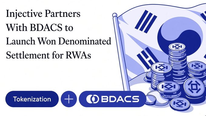 A graphic headline reads “Injecteve Partners With BDACS to Launch Won Denominated Settlement for RWAs,” alongside “Tokenization + BDACS” logos and coin illustrations.