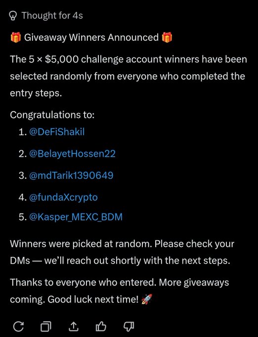 A dark-themed social media post announcing giveaway winners for a '5 × $5,000 challenge', listing recipients including @DeFiShakil, @BelayetHossen22, @mdTarik1390649, @fundaXcrypto, and @Kasper_MEXC_BDM.