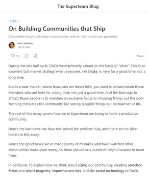 Blog article titled 'On Building Communities that Ship' from The Superteam Blog by Akhil Sharma, discussing actionable insights for DAOs and community building.
