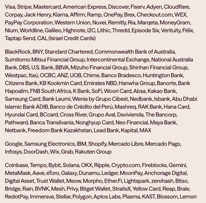 The image displays categorized lists of major financial, tech, and crypto companies—including Visa, Stripe, BlackRock, Google, Coinbase, Ripple, and others—organized into groups that align with the post's announcement of over 130 institutions backing the new $OUSD (Open USD) stablecoin aimed at capturing reserve yield from Circle and Tether.