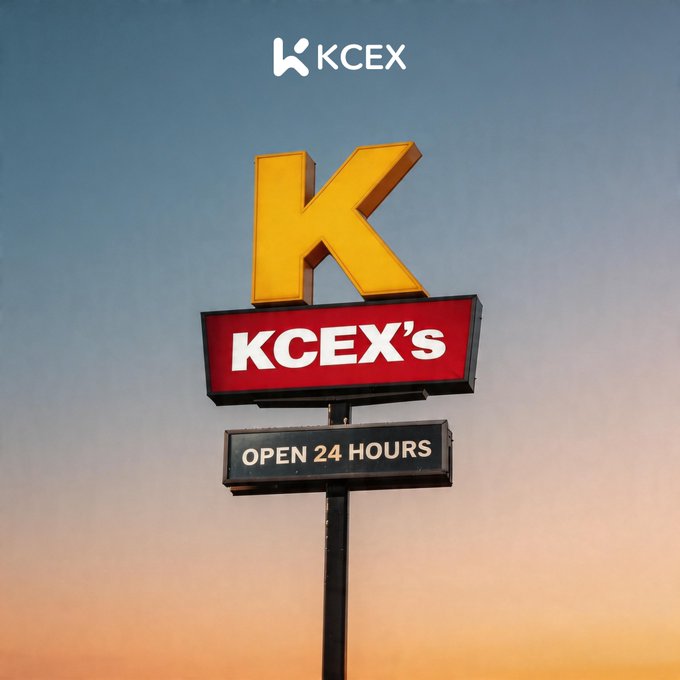 A promotional graphic featuring the KCEX logo at the top and a large yellow 'K' sign styled like a fast-food restaurant logo, reading 'KCEX's' with a banner stating 'OPEN 24 HOURS' against a sunset sky.