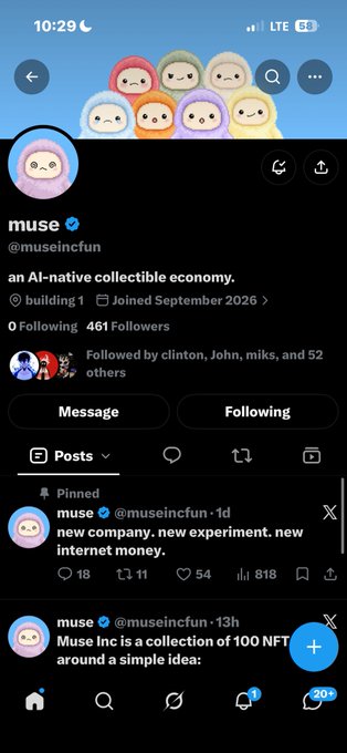 A Twitter/X profile for 'muse @museincfun' describing itself as 'an AI-native collectible economy' with posts mentioning a company experiment and NFT collection.