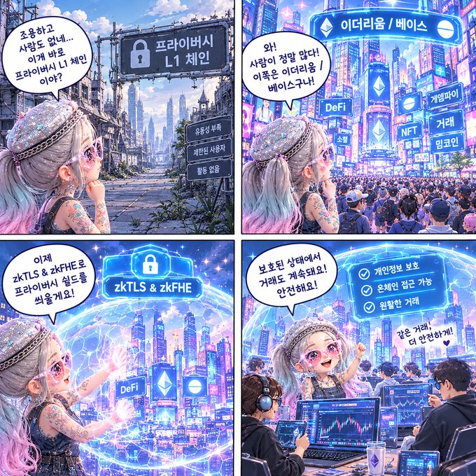 A four-panel comic featuring an anime-style girl with white/pink hair navigating crypto themes, with panels referencing L1 chains, Ethereum/Binance, zkTLS & zkFHE, and services like DeFi, NFT, GameFi, and recording transactions.