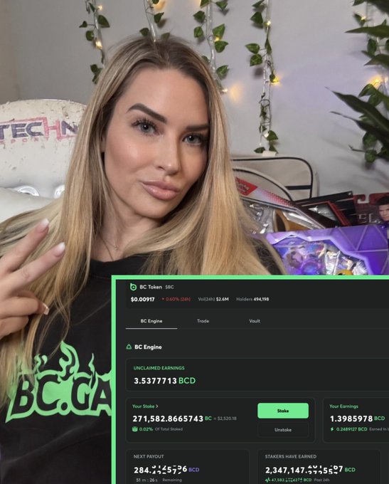 In this image, there is a woman standing with her hands crossed while showing off an exciting new feature she has just acquired on a game website called B&GAGA. The post displays a screenshot of a chat window where the woman is discussing her experience using and benefiting from the BC Engine. It appears that she has staked $2.5k worth of tokens into the engine, which is expected to pay out its rewards within an hour as per the website's terms.