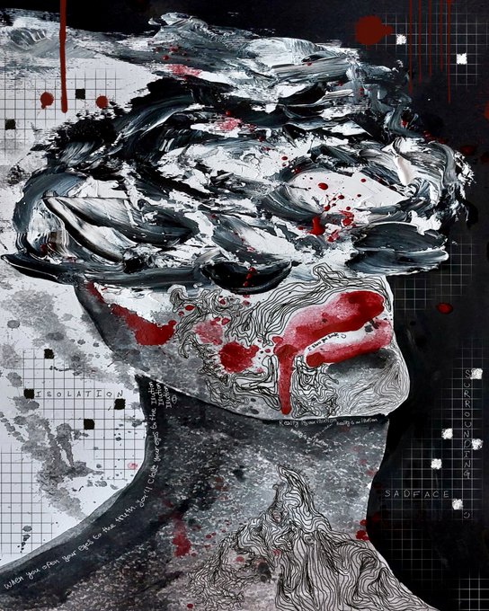 A dark, mixed-media style artwork of a textured face in shades of black, white, and gray, accented with red paint splatters, featuring partial text like 'ISOLATION', 'SYRUPOMANIA', and 'SADFACE'.