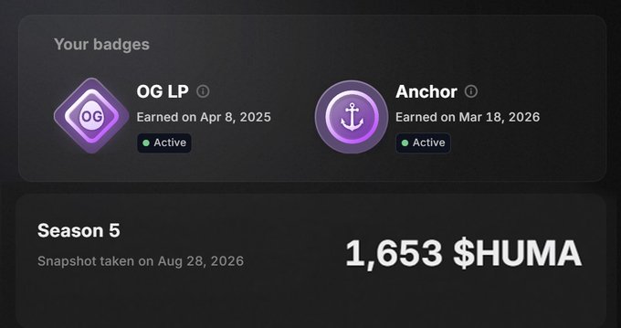 A digital dashboard displaying two active badges—"OG LP" earned Apr 8, 2025 and "Anchor" earned Mar 18, 2026—and a Season 5 snapshot from Aug 28, 2026 showing a balance of "1,653 $HUMA".