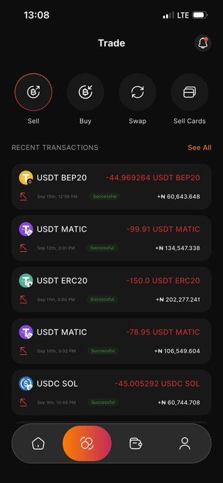 Screenshot of the Quickchain app's Trade screen showing options (Sell, Buy, Swap, Sell Cards) and recent transactions list with successful trades like -44.969264 USDT BEP20, -99.91 USDT MATIC, and -150.0 USDT ERC20, supporting the post's claim of juicy rates and fast transactions.