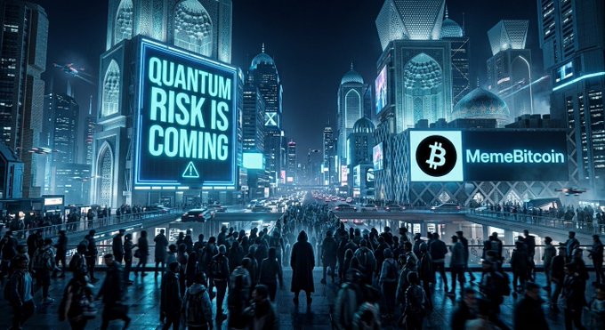A futuristic cyberpunk cityscape with crowds of people watching a large digital billboard displaying 'QUANTUM RISK IS COMING' alongside a Bitcoin logo and 'MemeBitcoin' sign.
