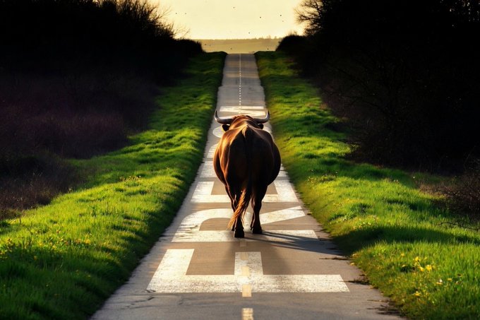 An artistic image of a brown cow walking down the middle of a rural road with the word 'PRIDE' painted on the pavement.
