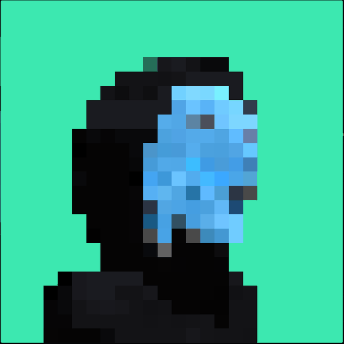 A pixel art portrait of a hooded figure with a glowing blue face against a bright green background.