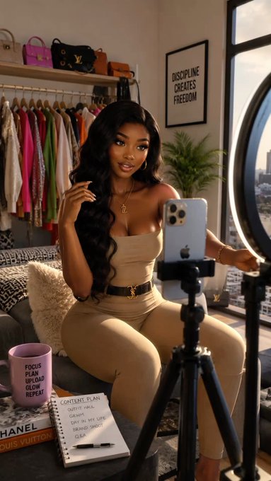 A stylish woman in a beige outfit sits in her luxury walk-in closet recording a setup featuring a content plan notebook and a phone ring light, with a framed "DISCIPLINE CREATES FREEDOM" sign and a "FOCUS, PLAN, UPLOAD, GLOW, REPEAT" mug nearby—visually framing her as a disciplined content creator who leverages consistent output into a successful brand, which parallels the post's message about underrated web3 skills like disciplined content strategy and personal branding paying off handsomely.