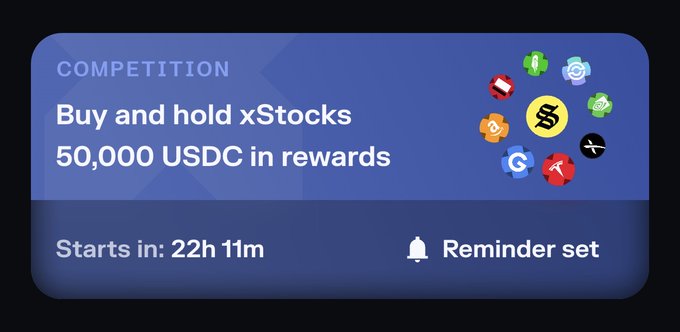 A digital banner advertising a "Buy and hold xStocks" competition offering 50,000 USDC in rewards, starting in 22h 11m, featuring logos of tokenized stocks surrounding a central dollar sign—illustrating the Solana-based contest where users are rewarded simply for holding tokenized stocks rather than trading volume.