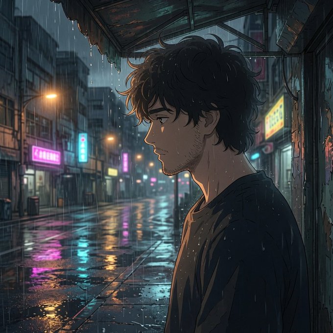 An anime-style illustration of a young man with dark messy hair standing under an awning in the rain on a neon-lit city street at night.
