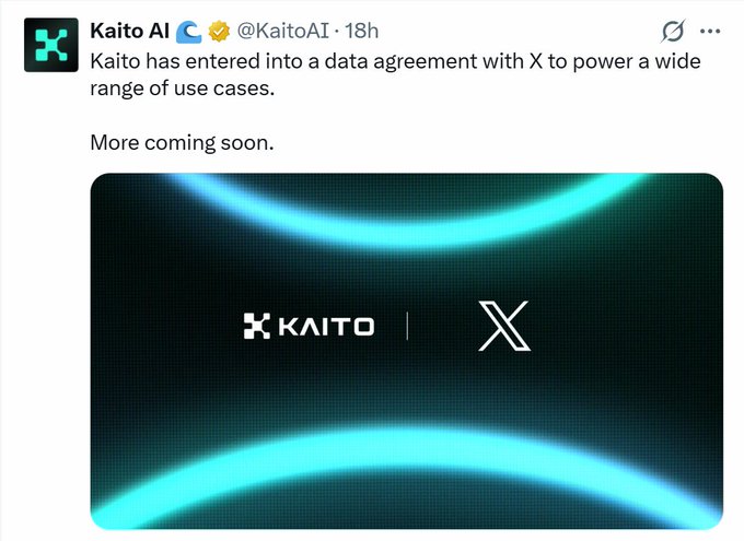 A tweet from Kaito AI (@KaitoAI) announcing a data agreement with X, displayed with the logos 'KAITO | X' against a dark background with teal lighting.