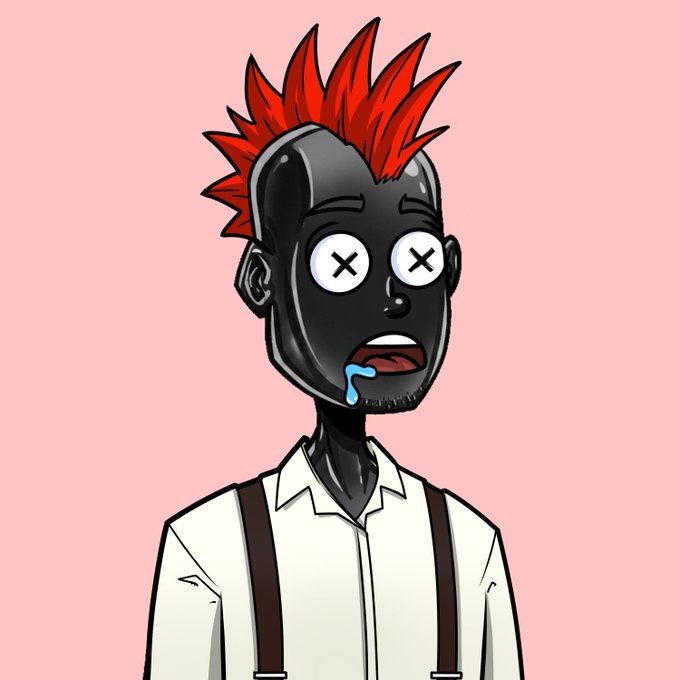 A cartoon character with a black mask-like face, X-shaped eyes, a red mohawk, and a drool drop wears a white shirt with suspenders against a pink background, humorously portraying the "wen reveal" meme's impatient anticipation for an upcoming NFT or project announcement.