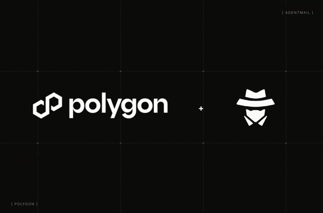 The image displays the Polygon logo alongside a stylized spy/agent icon wearing a fedora, separated by a plus sign on a black background, with "[AGENTMAIL]" in the top right and "| POLYGON |" in the bottom left. The visual reinforces the post's message by symbolizing the combination of Polygon's blockchain network with AgentMail's anonymous, agent-based communication services.