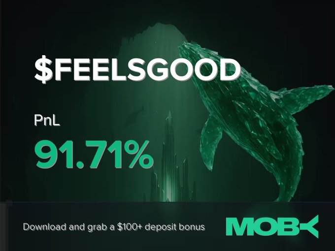 A Moby Mobile promotional graphic featuring a green whale graphic alongside text announcing a "$FEELSGOOD" trade win with a PnL of 91.71%, offering a $100+ deposit bonus download incentive, visually reinforcing the post's celebration of the trader's profitable position close.