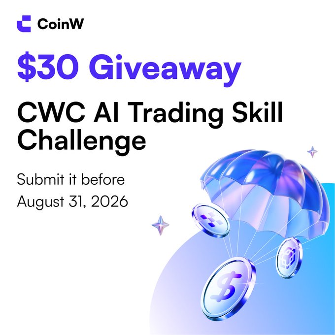 A promotional graphic for CoinW advertising a '$30 Giveaway' and 'CWC AI Trading Skill Challenge' with a submission deadline of August 31, 2026, featuring a purple parachute and coin graphics.