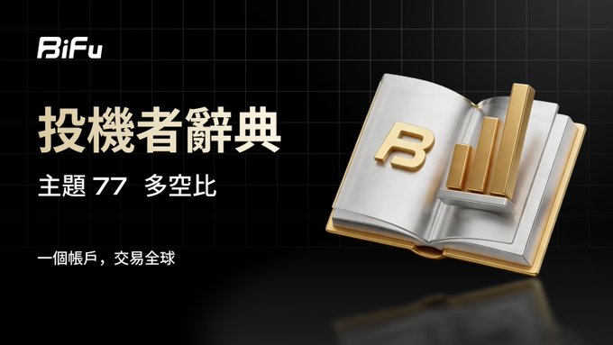 This image is a thumbnail for a BiFu educational series titled "投機者辭典" (Speculator's Dictionary), Episode 77, featuring the topic "多空比" (Long-Short Ratio). The graphic displays the BiFu logo, the Chinese text "一個帳戶，交易全球" (One account, trade the world), and an illustration of an open book with a golden bar chart and "β" symbol. The accompanying post explains that the long-short ratio serves as a radar to gauge crowd positioning, warning that the most dangerous market moments occur when everyone stands on the same side.