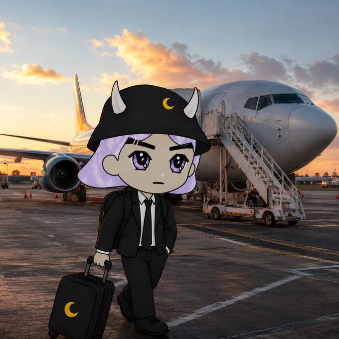 An anime-style chibi character with purple hair wearing a black suit and a horned helmet with a crescent moon symbol, carrying a rolling suitcase in front of a commercial airplane at sunset.