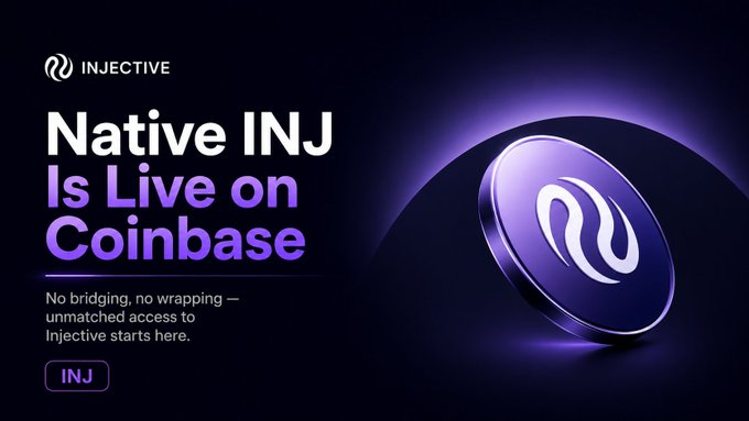 A promotional graphic announcing that Native INJ is live on Coinbase, featuring the Injective logo and text reading 'No bridging, no wrapping — unmatched access to Injective starts here.'