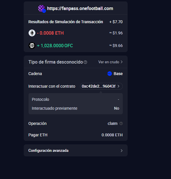 A MetaMask transaction confirmation screen in Spanish for https://fanpass.onefootball.com, showing a claim operation for 1,028 OFC with a gas fee of 0.0008 ETH.