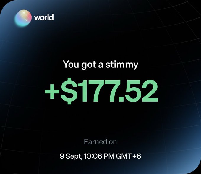 Another Worldcoin reward notification screenshot reading 'You got a stimmy +$177.52' earned on 9 Sept, 10:06 PM GMT+6.