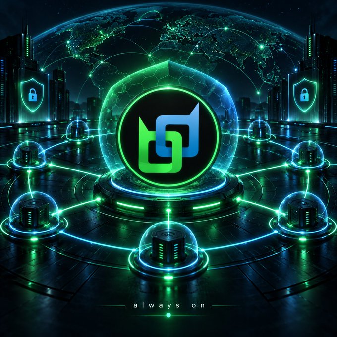 A futuristic digital graphic featuring a glowing green and blue logo centered on a high-tech platform, surrounded by networked server nodes and shields with padlocks, with 'always on' text at the bottom.