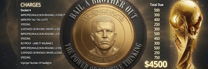 A banner image for the Solana token $TGS features a gold coin labeled "TG-Spentworth belief token" with "Bail A Brother Out" and "The Power of Positive Thinking" inscribed around it, alongside a list of mock traffic violations and a total due of $4500, reflecting the token's humorous "bailout" theme.