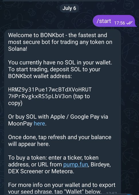 A screenshot of a Telegram chat with BONKbot showing a welcome message, wallet address "HRMZy31Pue17wcBTdXVoHRUT7HPrRvgkxRS5pLbV3on," and deposit instructions for SOL to start trading tokens on Solana, marking the beginning of the user's degen trading journey.