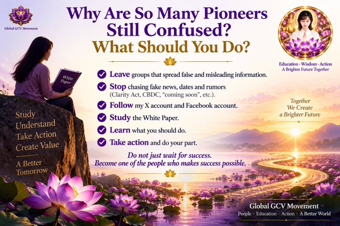 A promotional graphic for the 'Global GCV Movement' titled 'Why Are So Many Pioneers Still Confused? What Should You Do?' with action steps listed and lotus flower imagery.