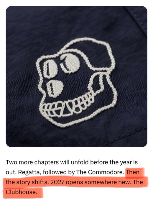 An embroidered skull logo on dark navy fabric above text mentioning 'Regatta', 'The Commodore', and '2027 opens somewhere new. The Clubhouse.'