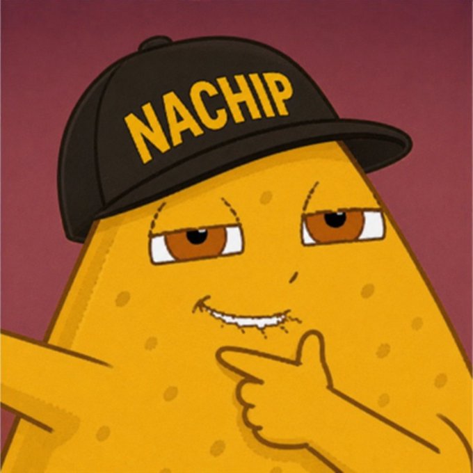 An animated yellow potato character wearing a black 'NACHIP' cap smirks while pointing.
