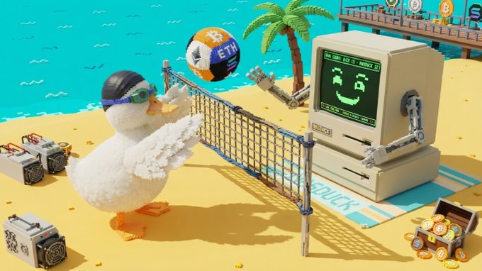 A 3D animated scene featuring a duck wearing sunglasses playing volleyball with a robot on a beach, with a volleyball bearing Bitcoin and Ethereum logos, and a treasure chest of crypto coins nearby.