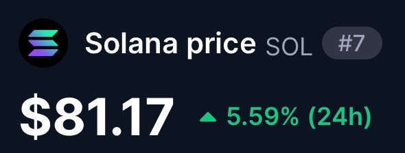 The image displays a cryptocurrency price tracker for Solana (SOL), showing its current price at $81.17 with a 5.59% gain over the past 24 hours. The post's affectionate remark about SOL aligns perfectly with the image, as the positive green percentage indicates Solana's recent price surge—likely prompting the celebratory and admiring comment.